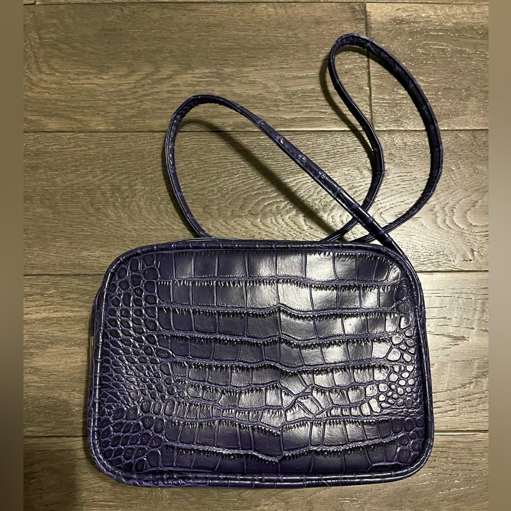 Zara Dark Navy Croc Embossed Crossbody Bag | Structured Mini Shoulder Purse - Picture 3 of 4
